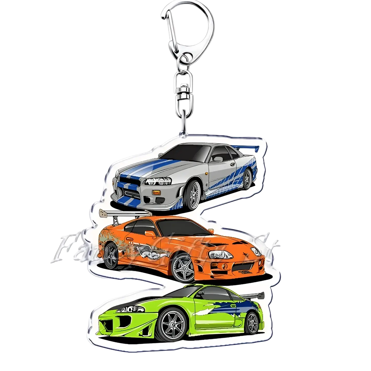 Silver and blue acrylic Nissan Skyline racing car keychain featuring three iconic fast and furious vehicles