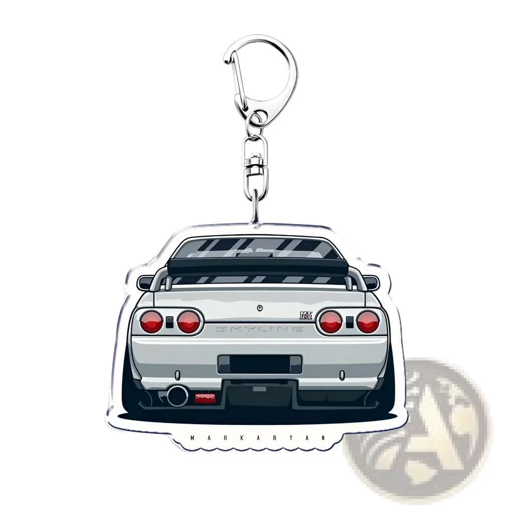 Silver acrylic nissan skyline r34 keychain showing stylized rear view with red taillights and black spoiler