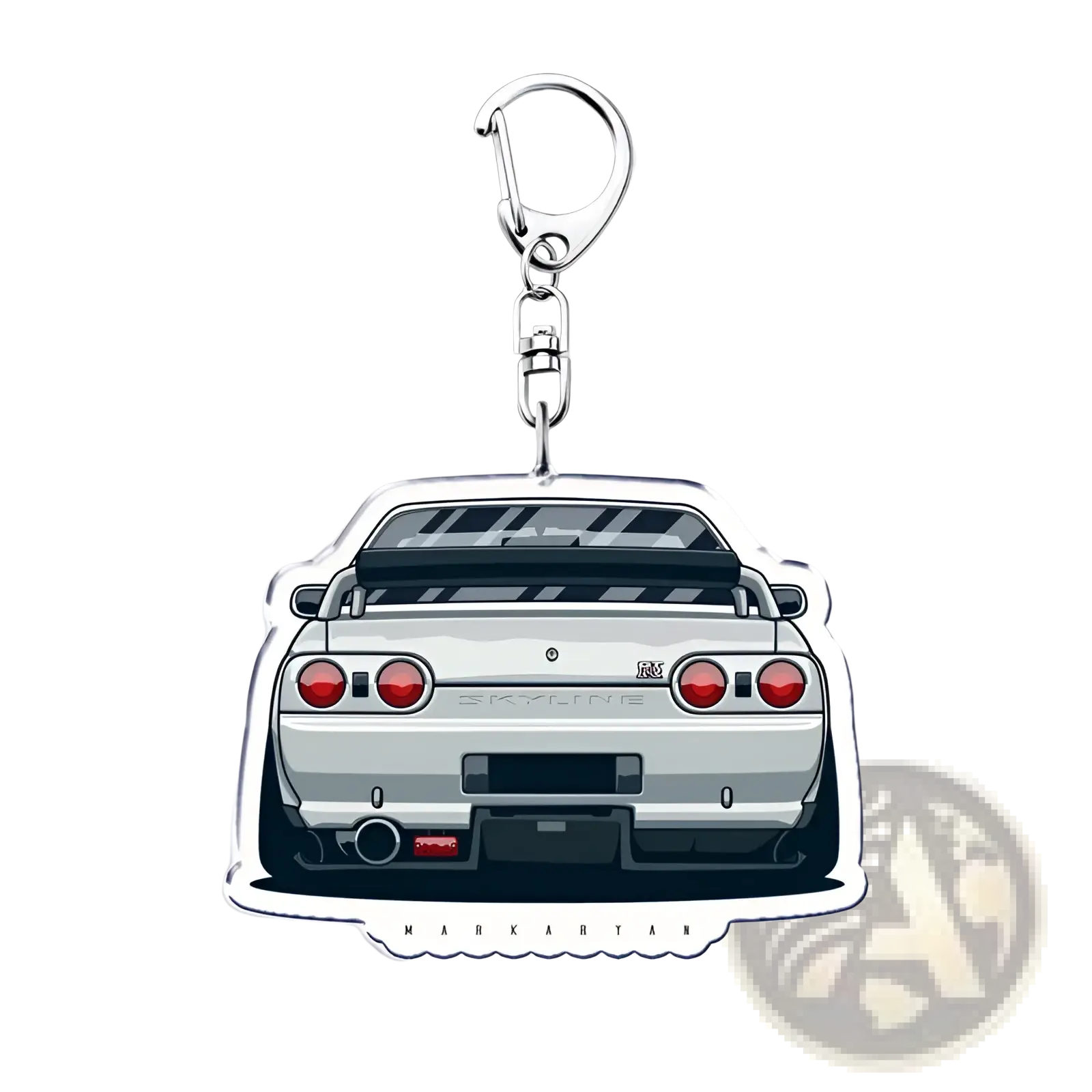 Silver acrylic nissan skyline r34 keychain showing stylized rear view with red taillights and black spoiler