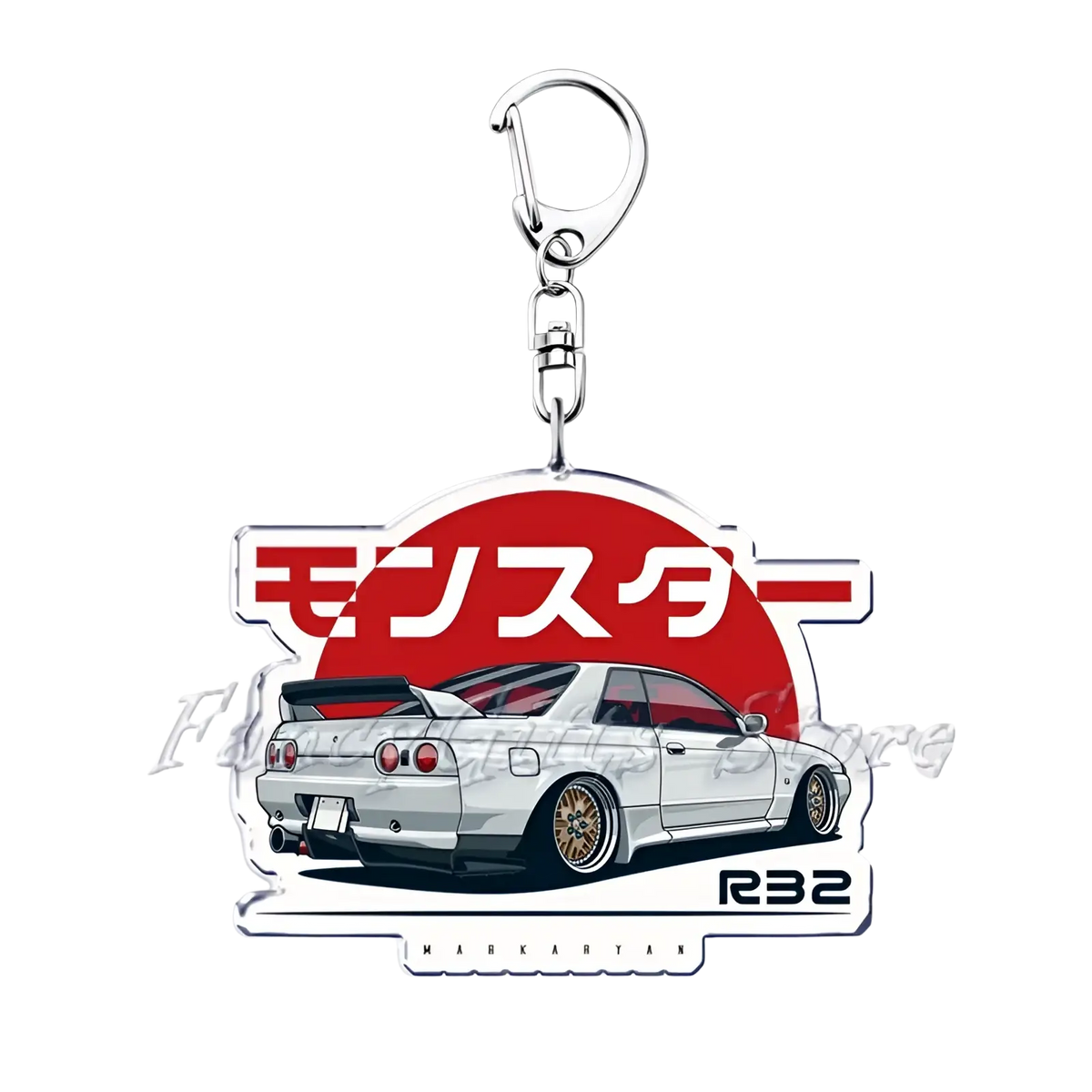 Nissan skyline acrylic car keychain featuring a white skyline r32 with gold rims on clear acrylic and silver clasp