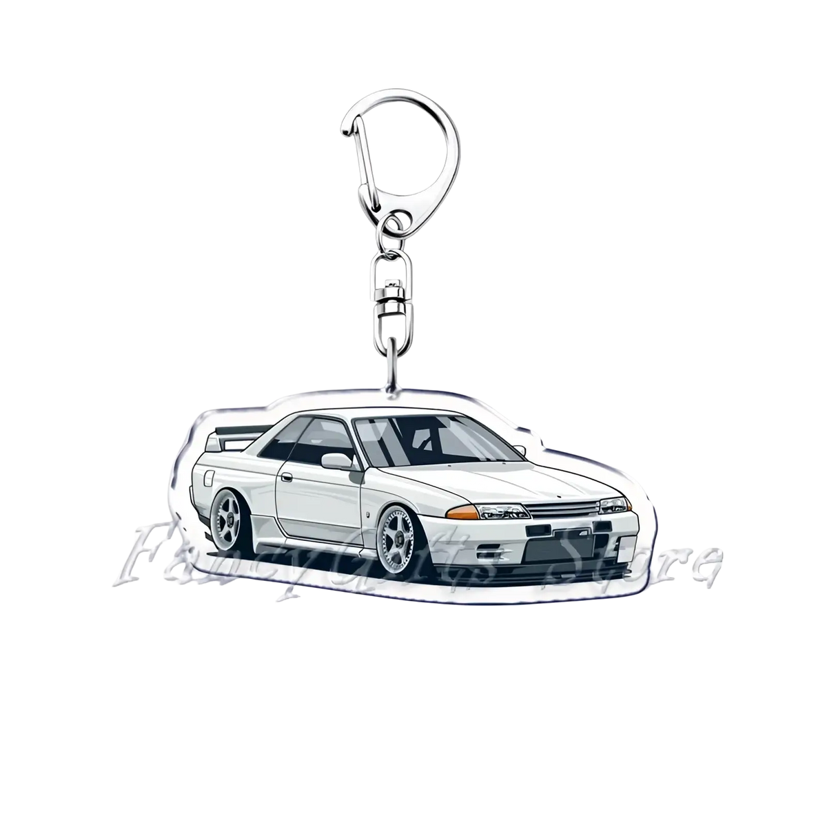 White Nissan Skyline R32 GT-R acrylic car keychain with silver metal clasp for automotive enthusiasts
