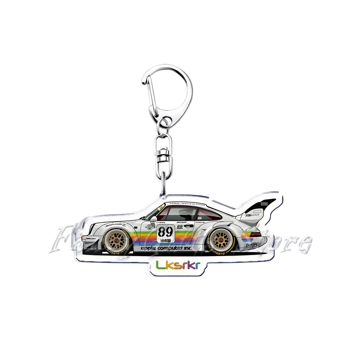 White acrylic Nissan Skyline car keychain featuring a detailed race car side profile with rainbow stripes and number 89