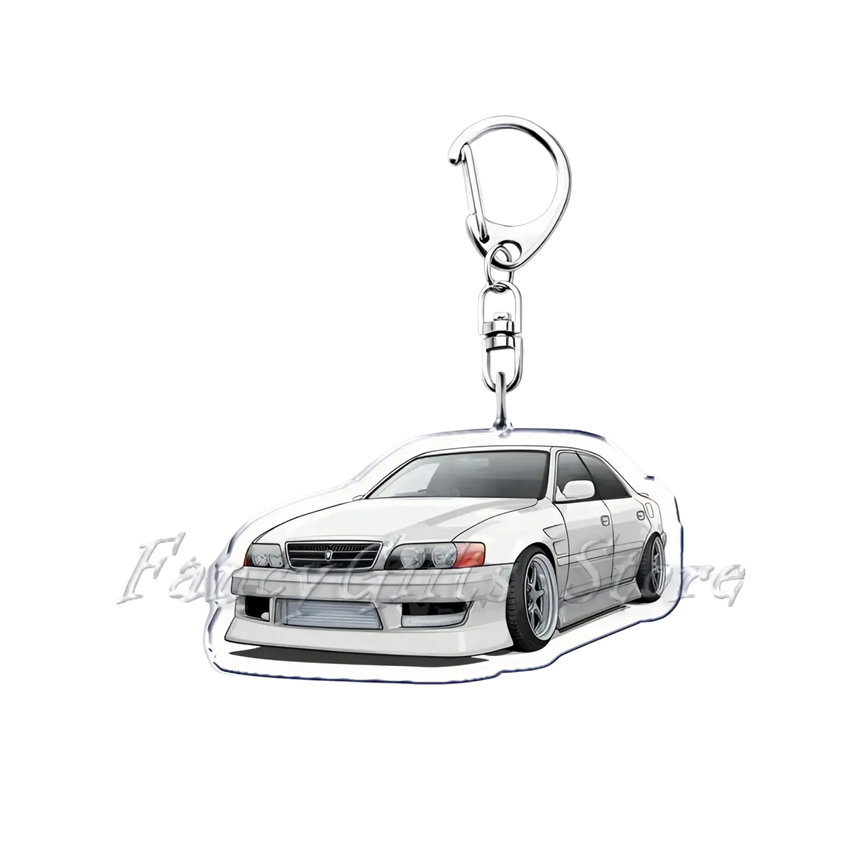 White acrylic Nissan Skyline keychain featuring detailed illustration of a modified sedan with black trim and silver rims