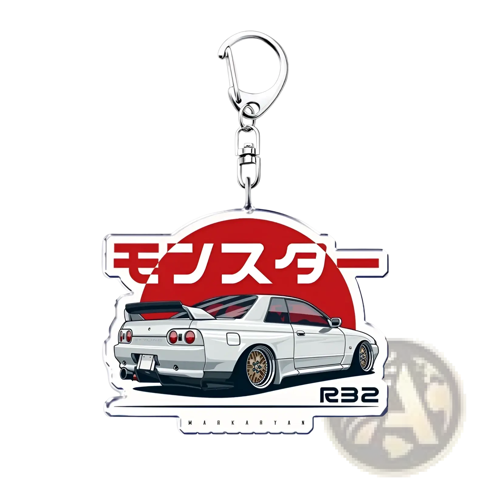 Nissan Skyline acrylic car keychain featuring a white r32 with gold rims and red taillights on a clear acrylic keychain