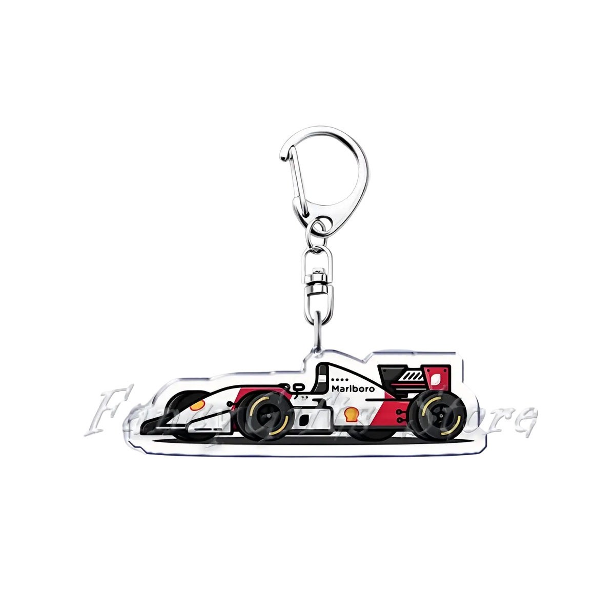 Nissan Skyline acrylic car keychain featuring a white and red formula 1 race car with black accents and marlboro logo
