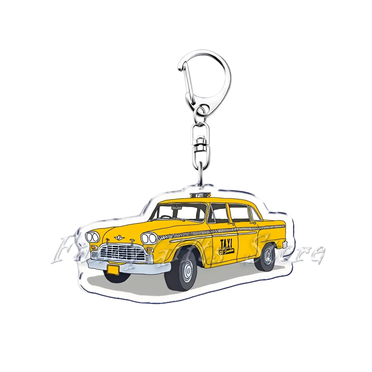 Yellow vintage taxi cab acrylic keychain with black trim and silver metal clasp for nissan skyline car keys