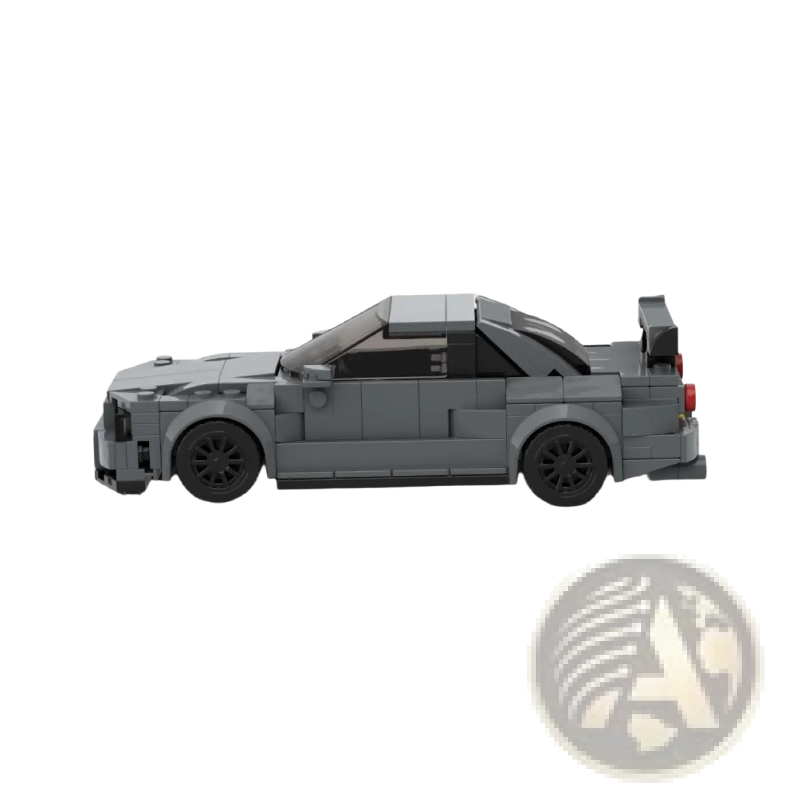 Gray Lego-built Nissan Skyline R34 GTR sports car with black wheels and red taillights shown from the back side
