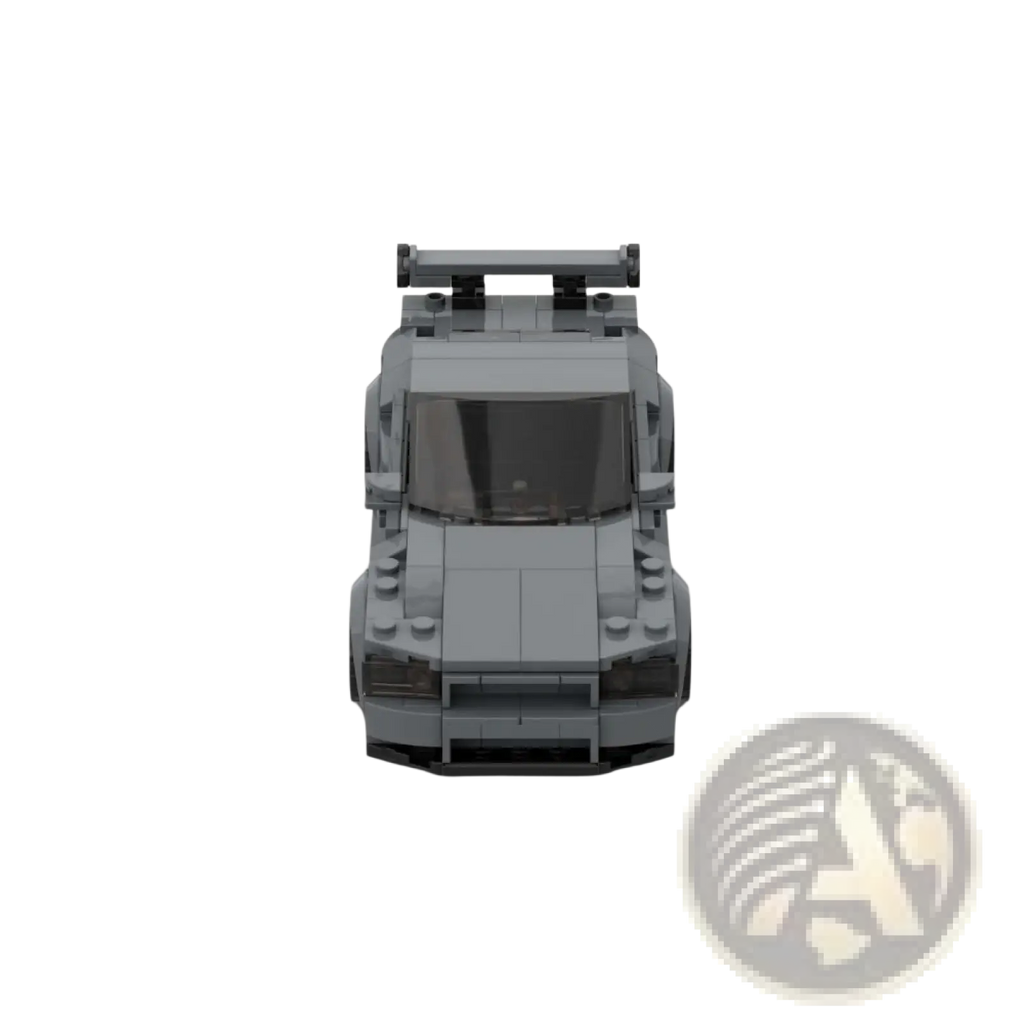 Gray lego technic nissan skyline r34 gtr sports car model with sleek aerodynamic design and black tinted windows