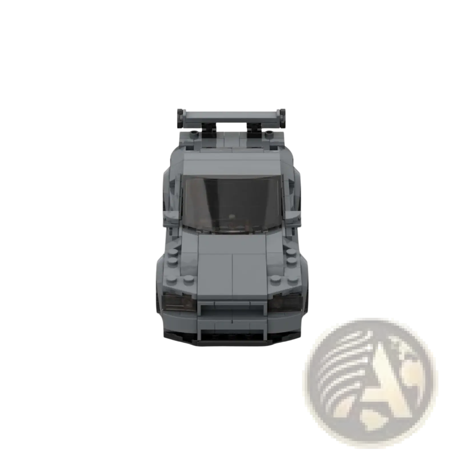 Gray lego technic nissan skyline r34 gtr sports car model with sleek aerodynamic design and black tinted windows