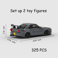 Gray lego technic nissan skyline r34 model with black wheels and red taillights showing rear view 325pcs sports car building blocks