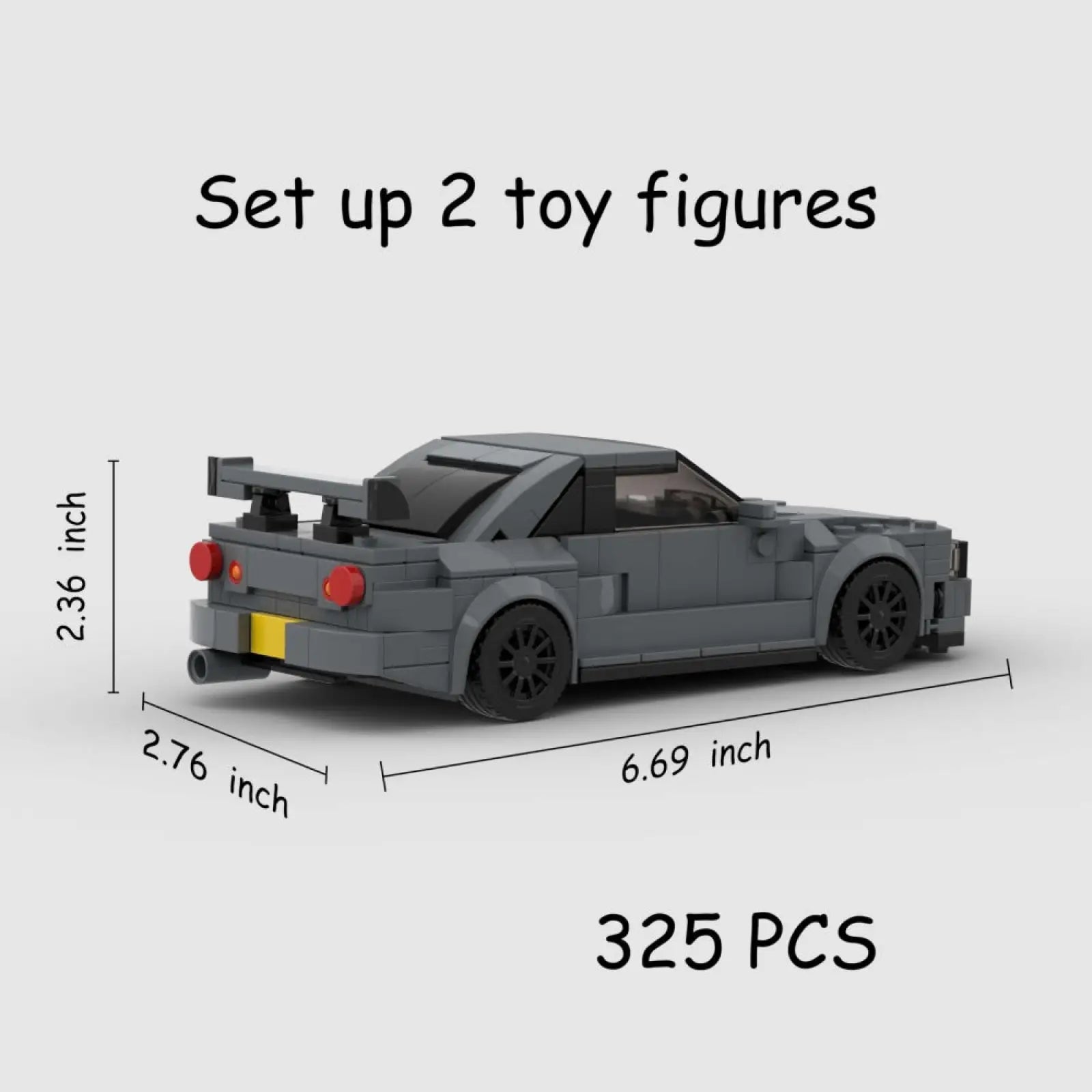 Gray lego technic nissan skyline r34 model with black wheels and red taillights showing rear view 325pcs sports car building blocks