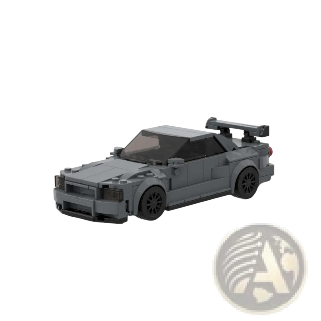 Gray lego-built nissan skyline r34 gt-r sports car with black wheels and rear spoiler made of 325 building blocks