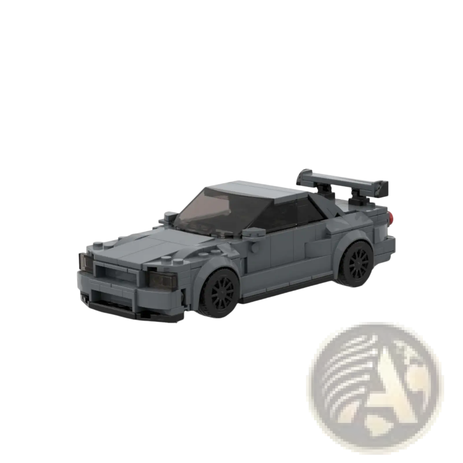 Gray lego-built nissan skyline r34 gt-r sports car with black wheels and rear spoiler made of 325 building blocks