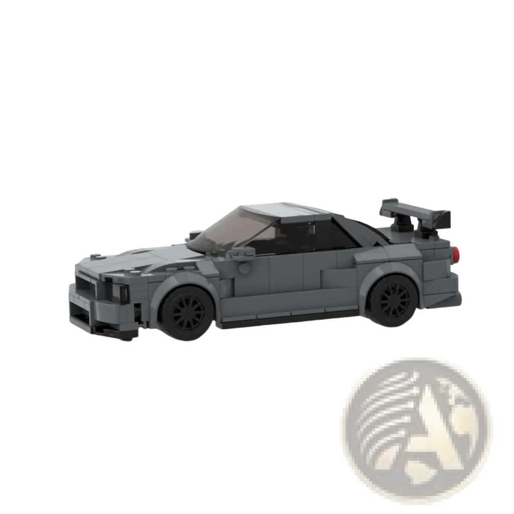 Gray lego-built nissan skyline r34 gt-r sports car with black wheels and rear spoiler from 325pcs building blocks kit