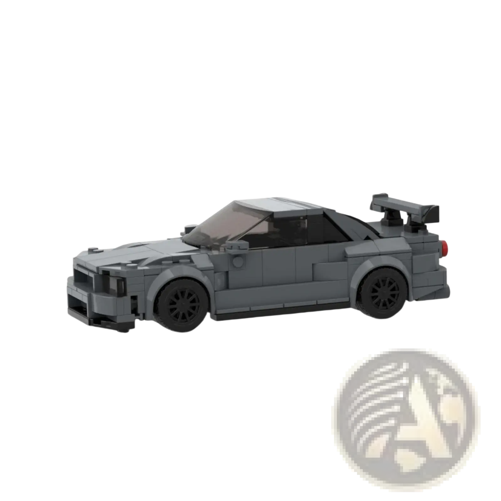 Gray lego-built nissan skyline r34 gt-r sports car with black wheels and rear spoiler from 325pcs building blocks kit