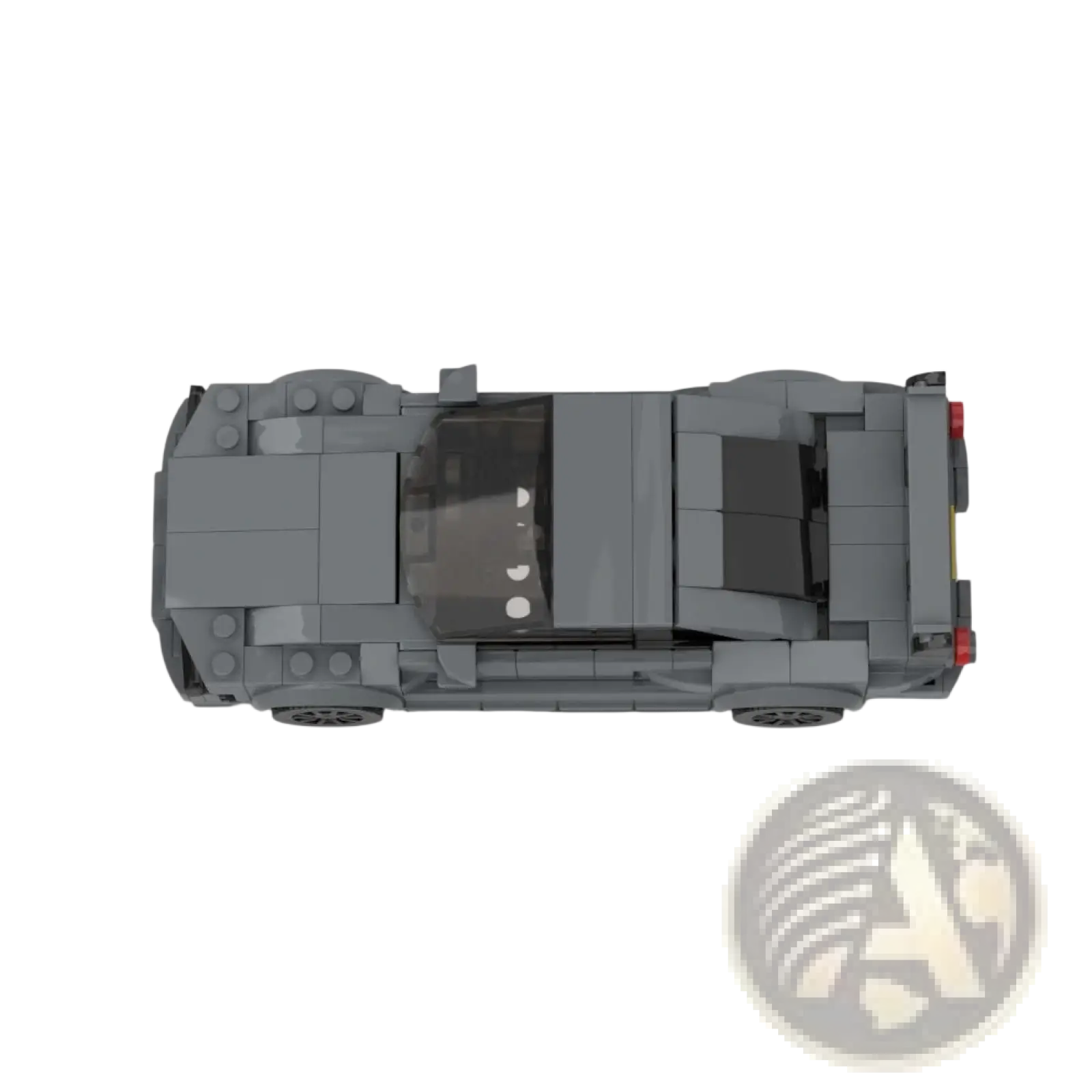 Gray lego nissan skyline r34 gtr sports car model with black translucent roof and red taillights shown from the back