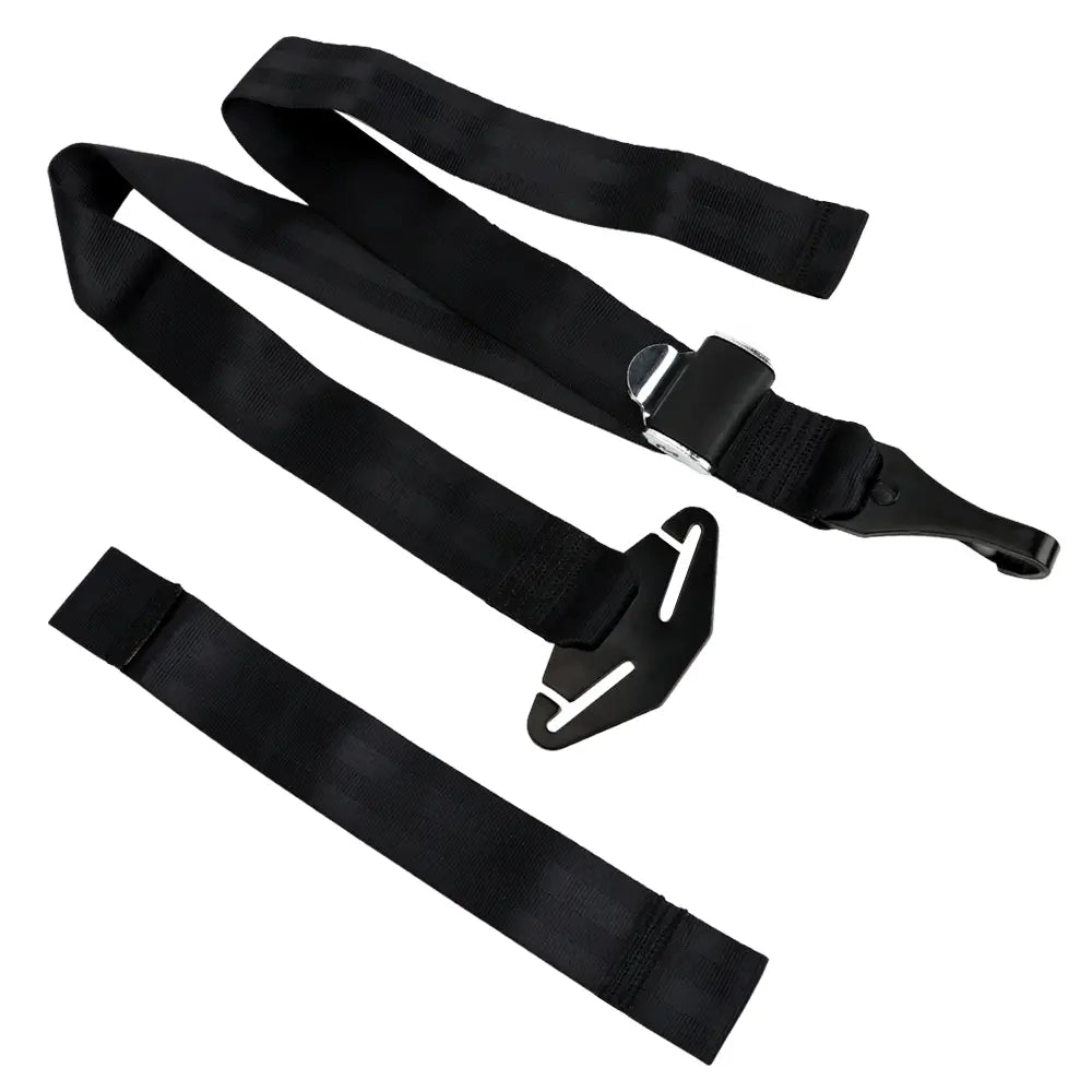 Black fabric universal isofix car seat belt extender with metal buckle and plastic anchor plate for secure child car seat installation.