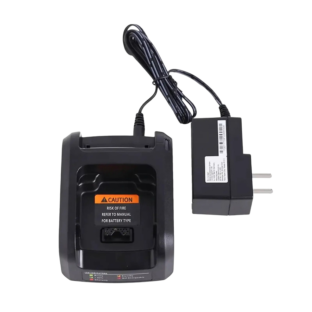 Black nntn8234a battery charger for Motorola radio with coiled power cord and caution label for safety compliance