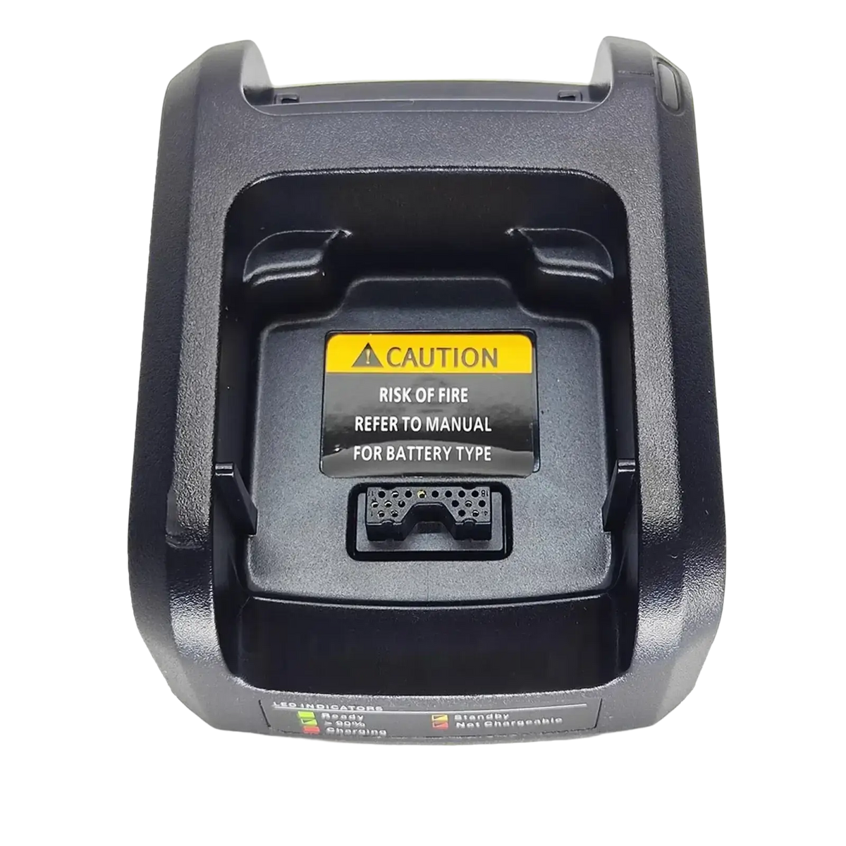 Black plastic nntn8234a battery charger for motorola radio with yellow caution label and led charging indicators