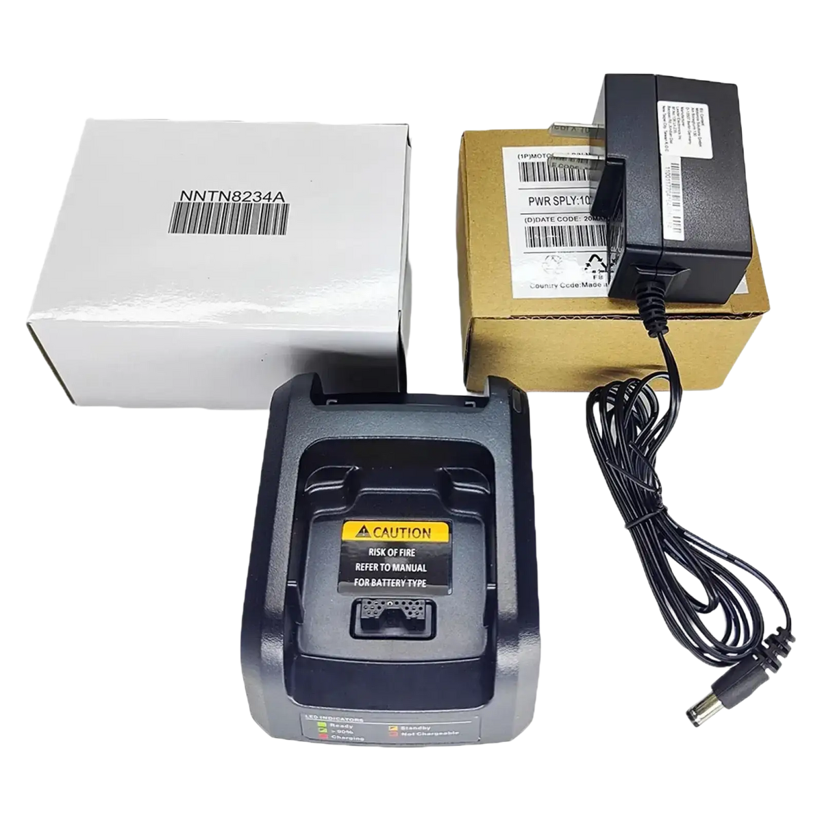 Black plastic nntn8234a battery charger with yellow caution label and coiled power cord for motorola radio