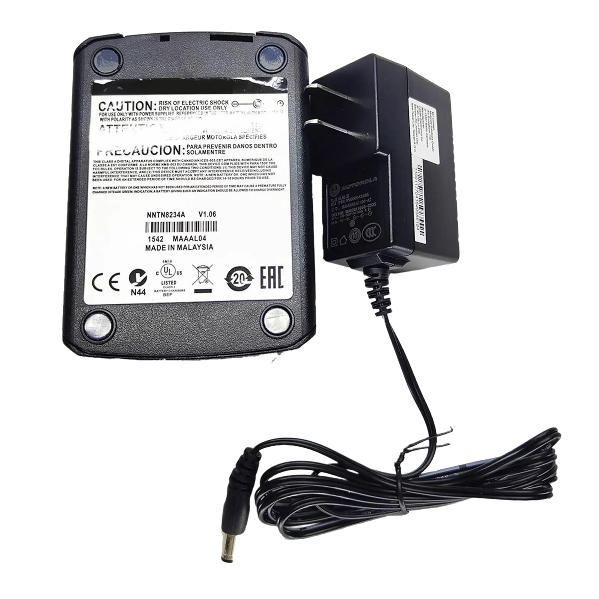 Black motorola nntn8234a battery charger power adapter with coiled cable and plug for Motorola radios