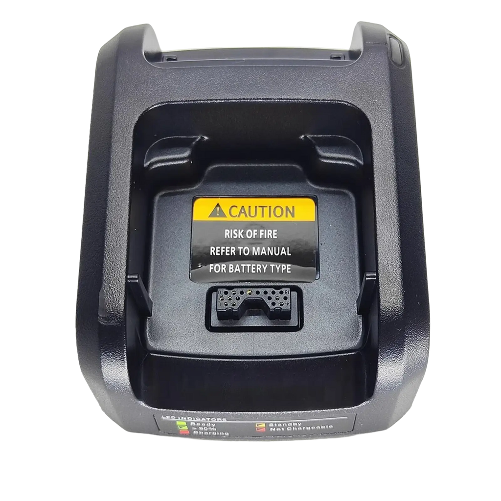 Black plastic nntn8234a battery charger for Motorola radios with yellow caution label and charging indicator lights