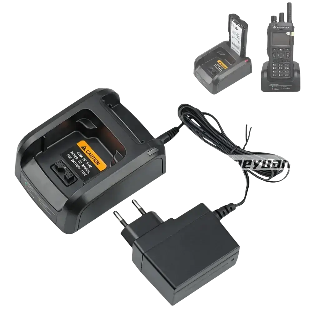 Black plastic nntn8234a smart charger for Motorola radios with integrated power adapter and coiled cable for battery models