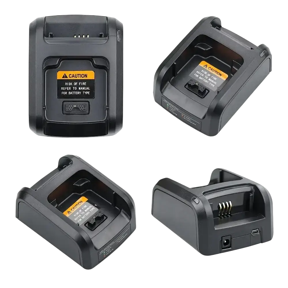 Black plastic nntn8234a smart charger for motorola radios with caution label shown from multiple angles