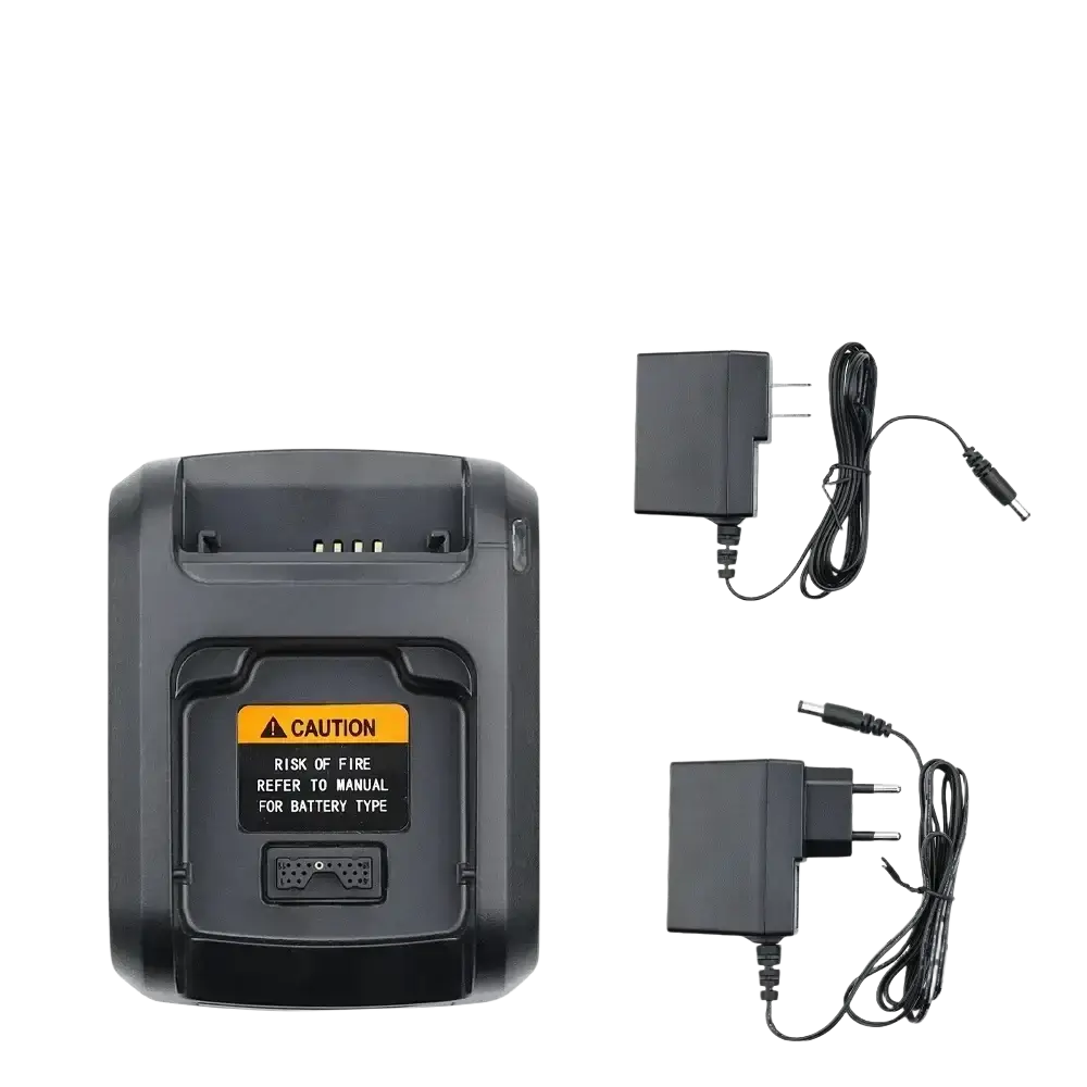 Black plastic nntn8234a smart charger with two power adapters for Motorola radios and compatible battery models