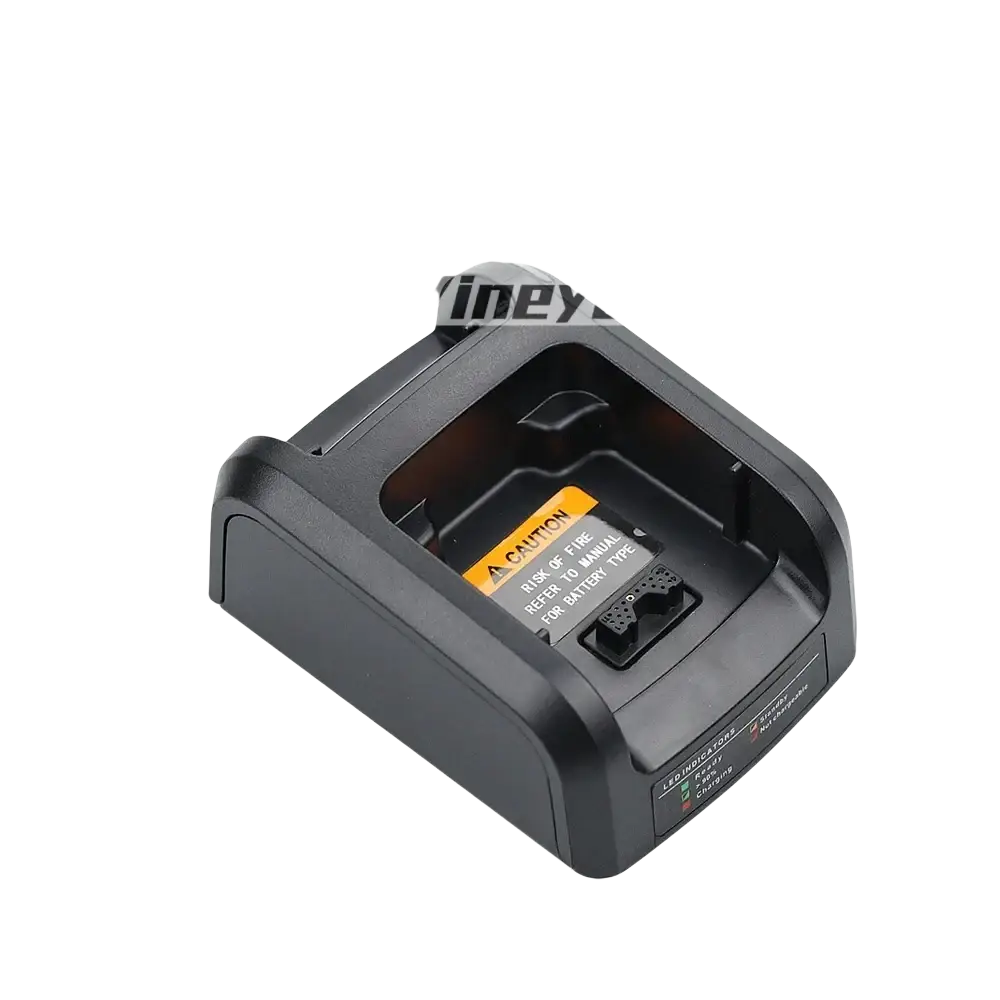 Black plastic nntn8234a smart charger with rectangular molded contours and orange warning label for compatible battery models