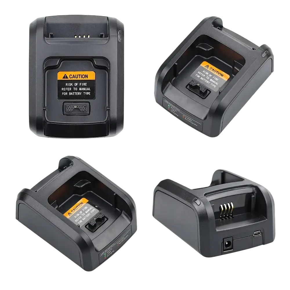Black plastic nntn8234a smart charger for motorola radios with usb port and yellow caution label compatible battery models