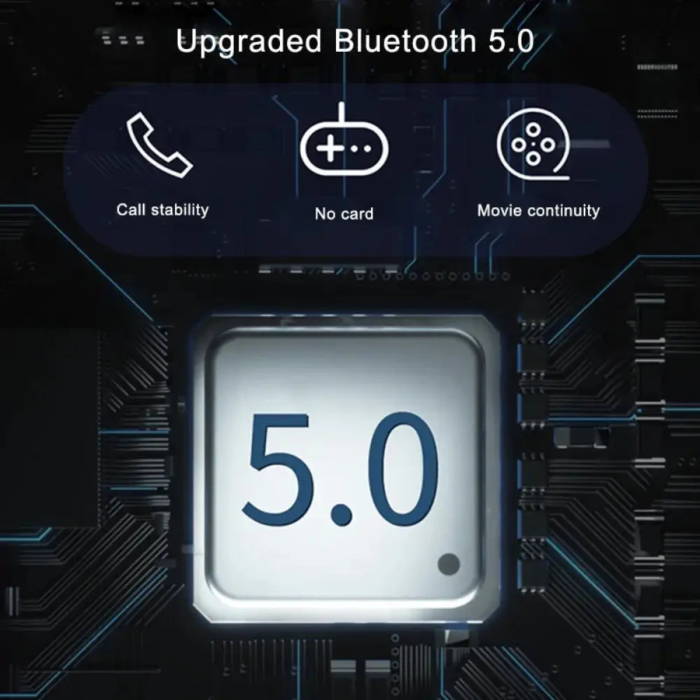 Silver metallic square chip displaying 5.0 on a dark circuit board as upgraded bluetooth 5.0 component for arbaglobal earbuds