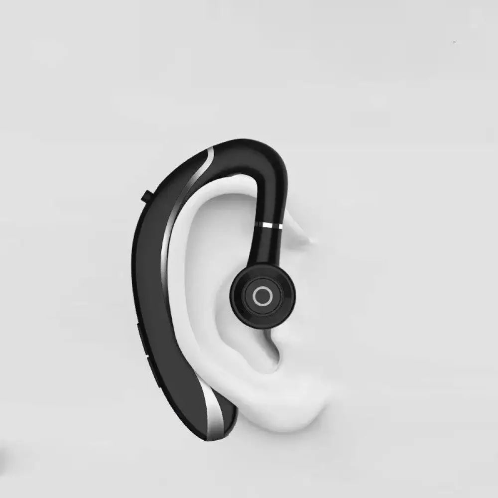 Black wireless earpiece with sleek curved design and silver accent trim for arbaglobal active noise cancelling earbuds