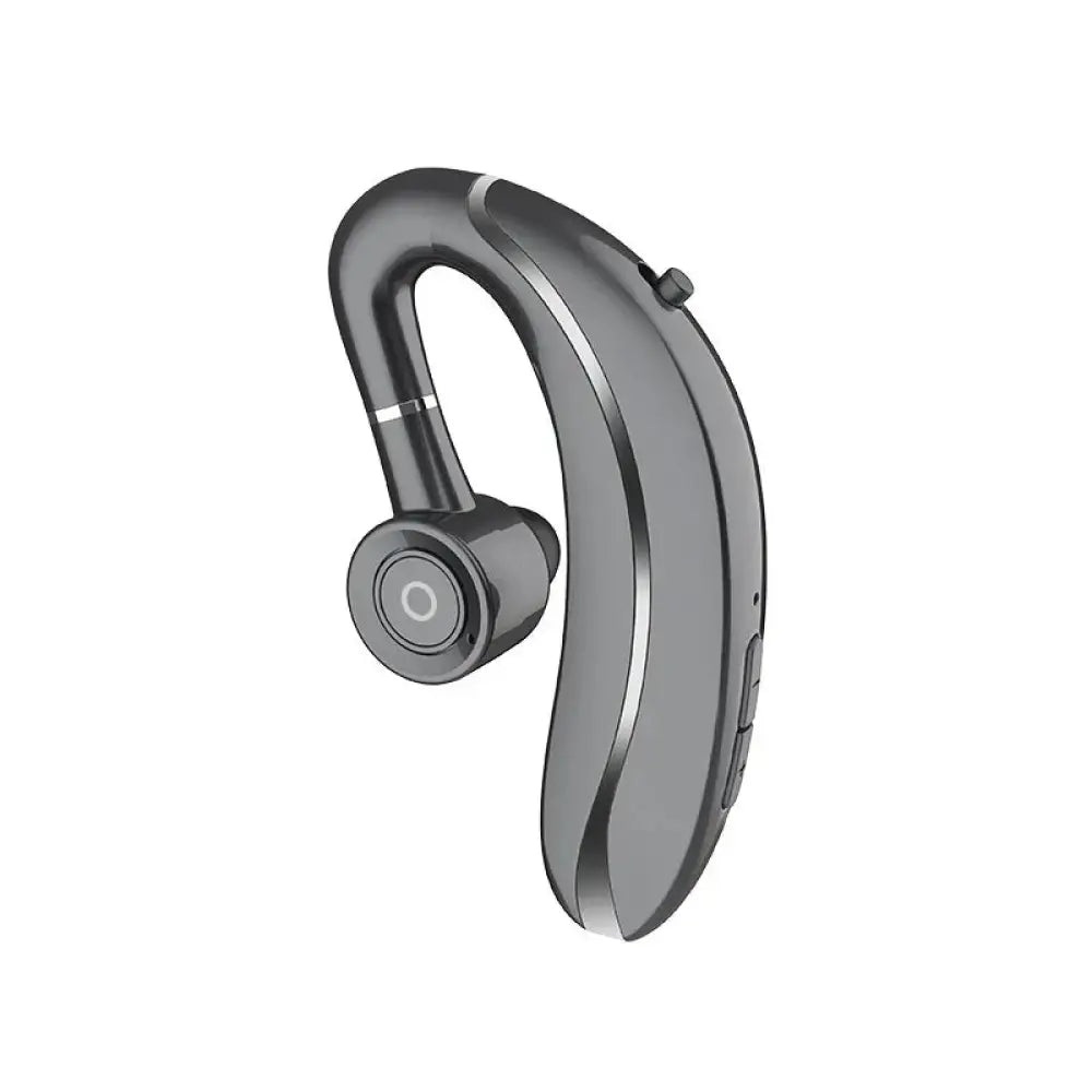 A sleek matte black arbaglobal active noise cancelling wireless earbud with a curved design and silver accent trim