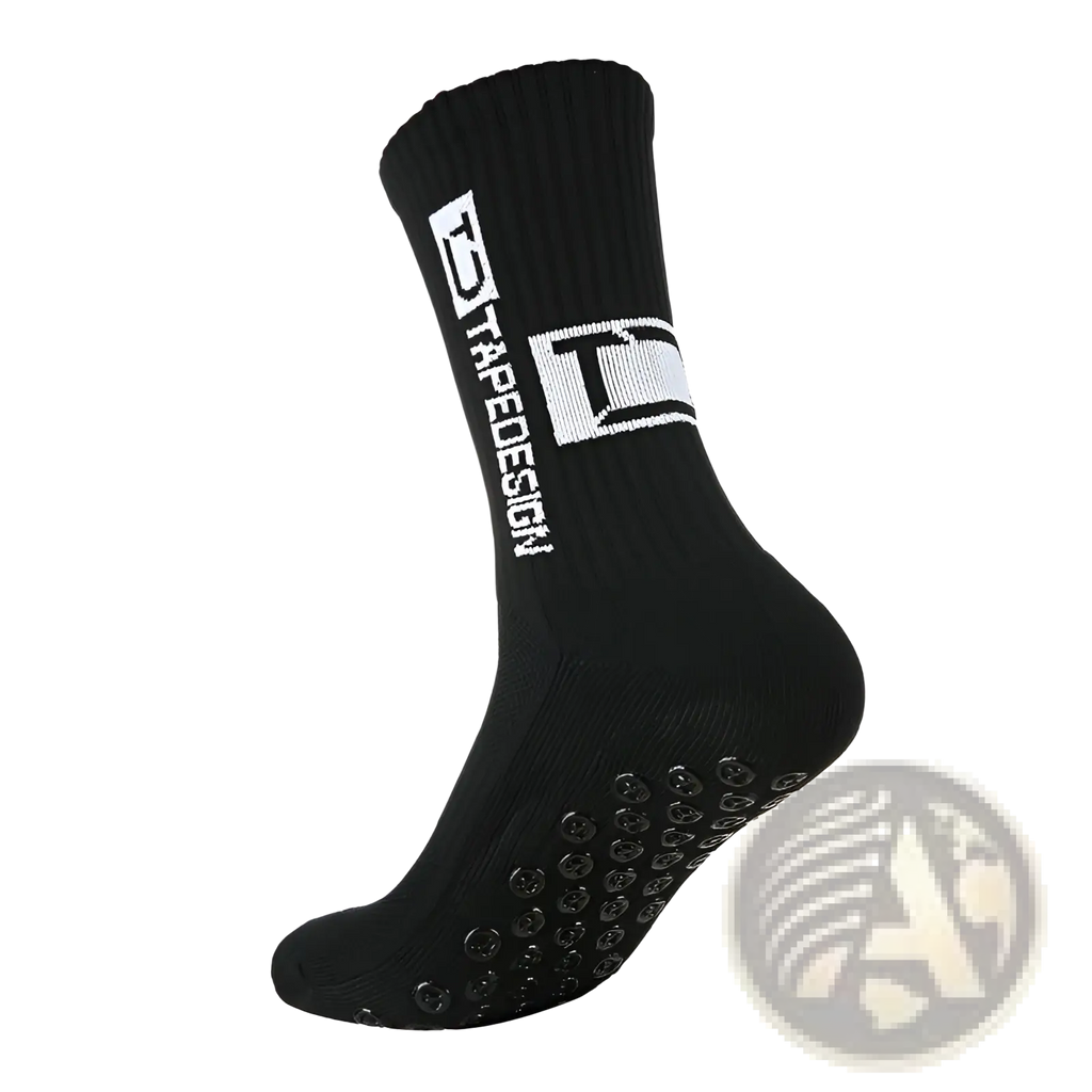 Black non-slip grip soccer sock with white tapedesign branding and textured rubber dots on the sole back side