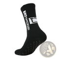 Black non-slip grip soccer sock with white tapedesign branding and textured rubber dots on the sole back side