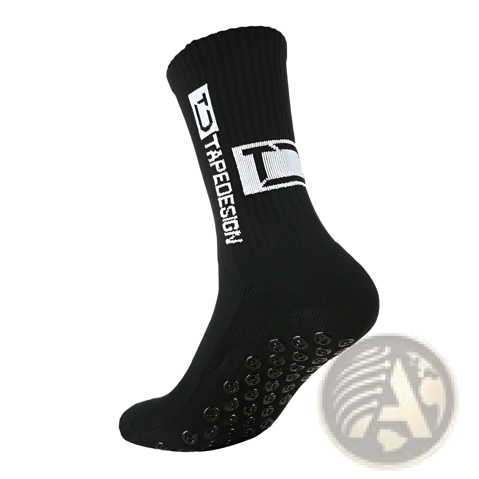 Black non-slip grip soccer sock with white tapedesign branding and textured rubber dots on the sole back side
