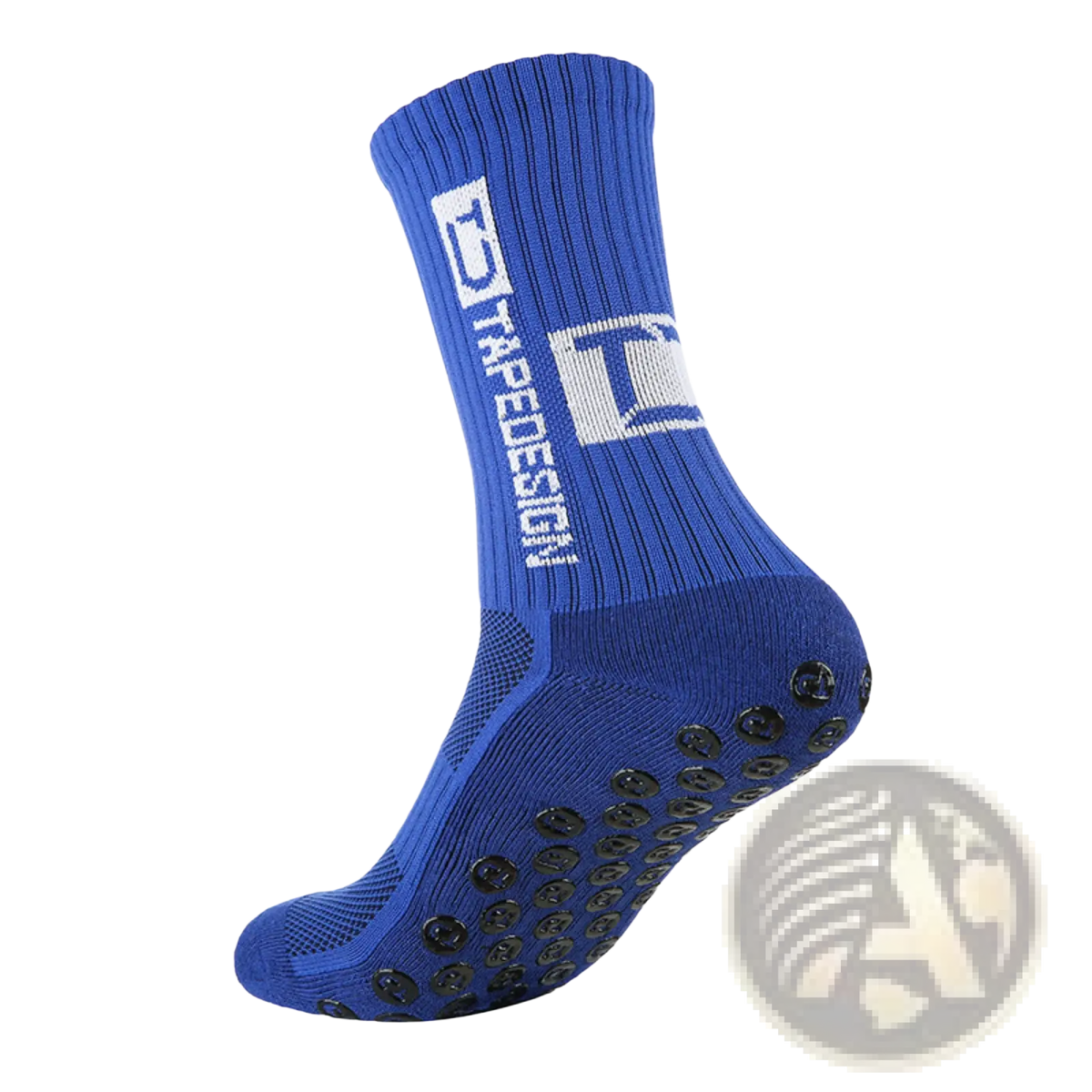 Blue non-slip grip soccer socks with black rubber dots on sole and white logo on cuff for athletic use