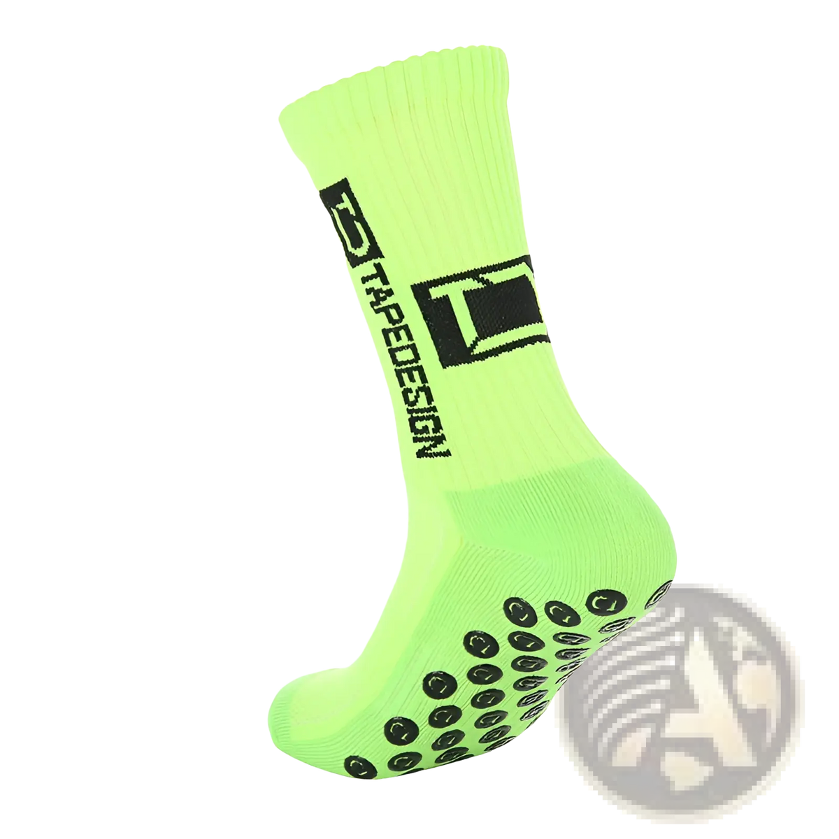 Neon green non-slip grip soccer socks with black logo and circular textured soles for enhanced traction