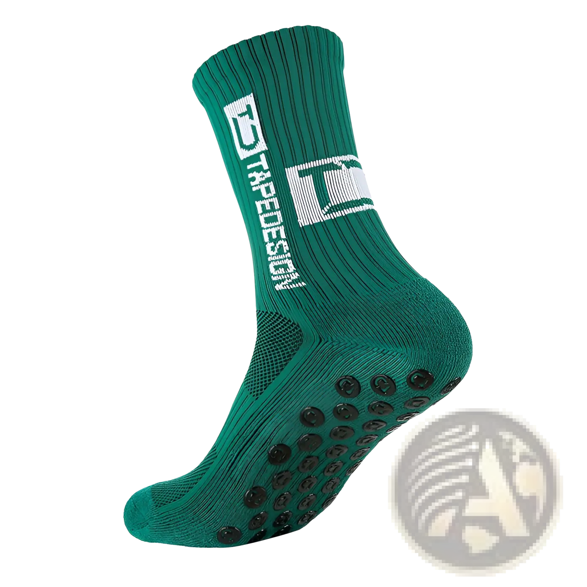 Non-slip grip soccer socks green treadesign with black rubber dots on sole and white logo on cuff shown from back side