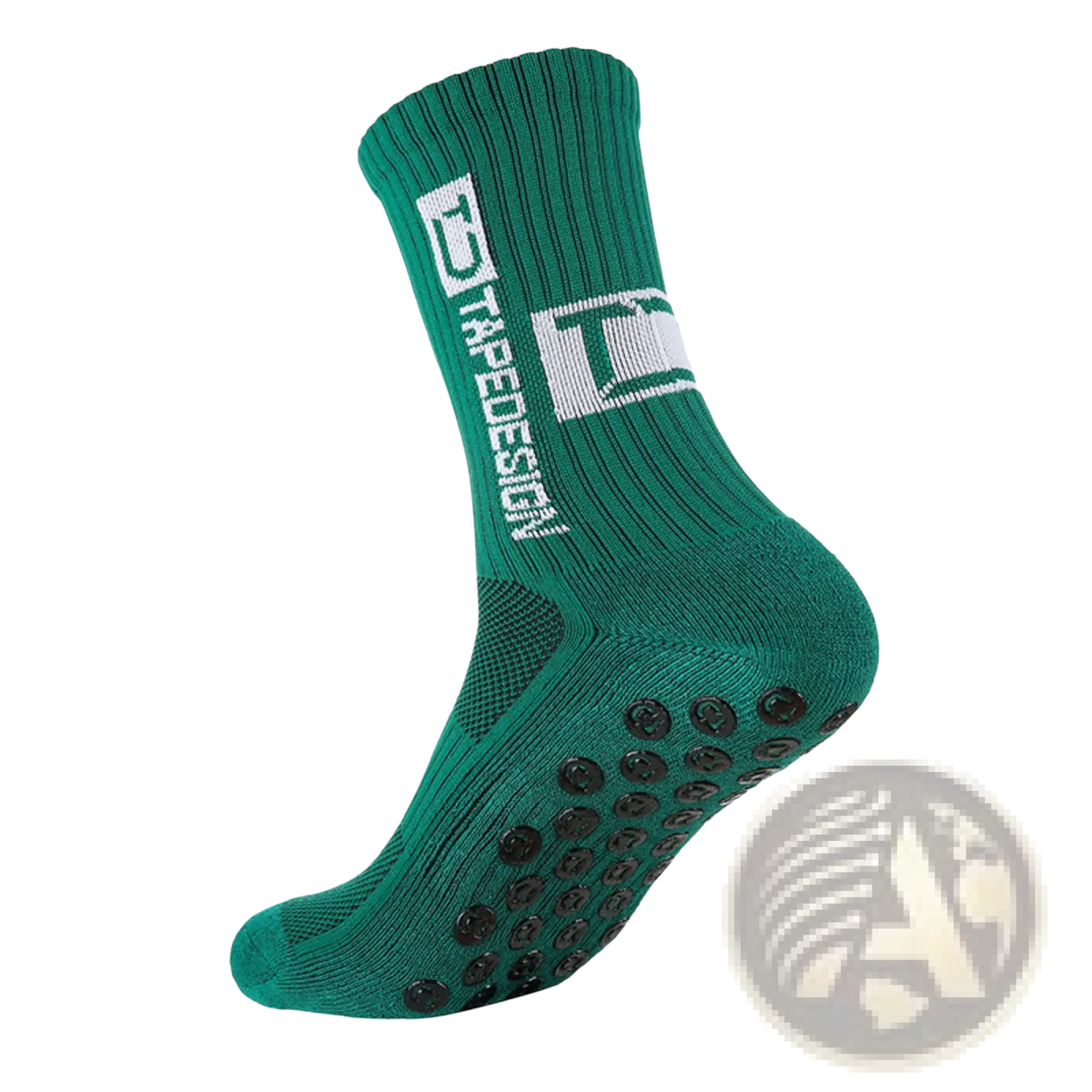 Green trapedesign non-slip grip soccer socks with black rubber dots on sole and ribbed cuff for secure fit