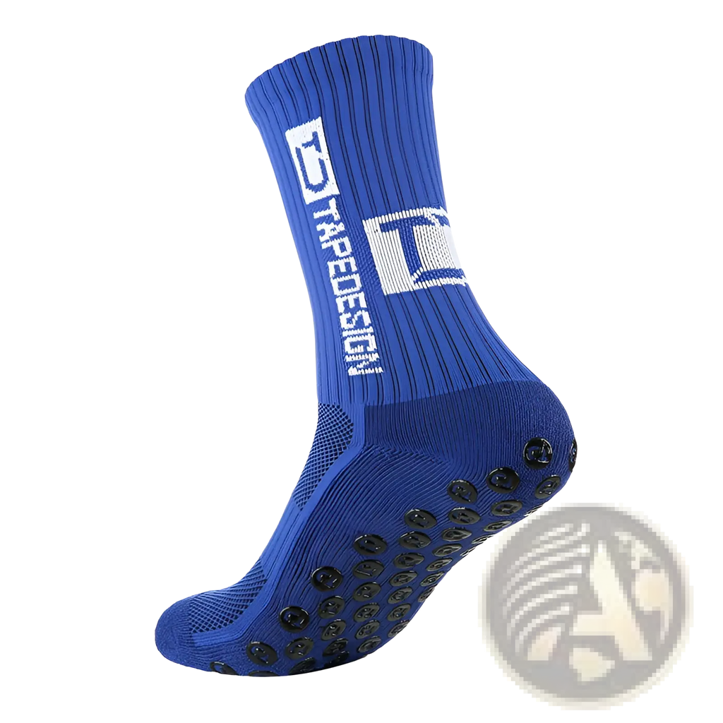 Blue non-slip grip soccer socks with black rubber dots on sole and ribbed cuff shown from back side