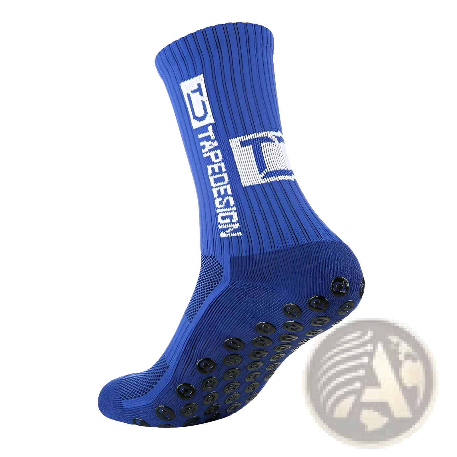 Blue non-slip grip soccer socks with black rubber dots on sole and ribbed cuff shown from back side