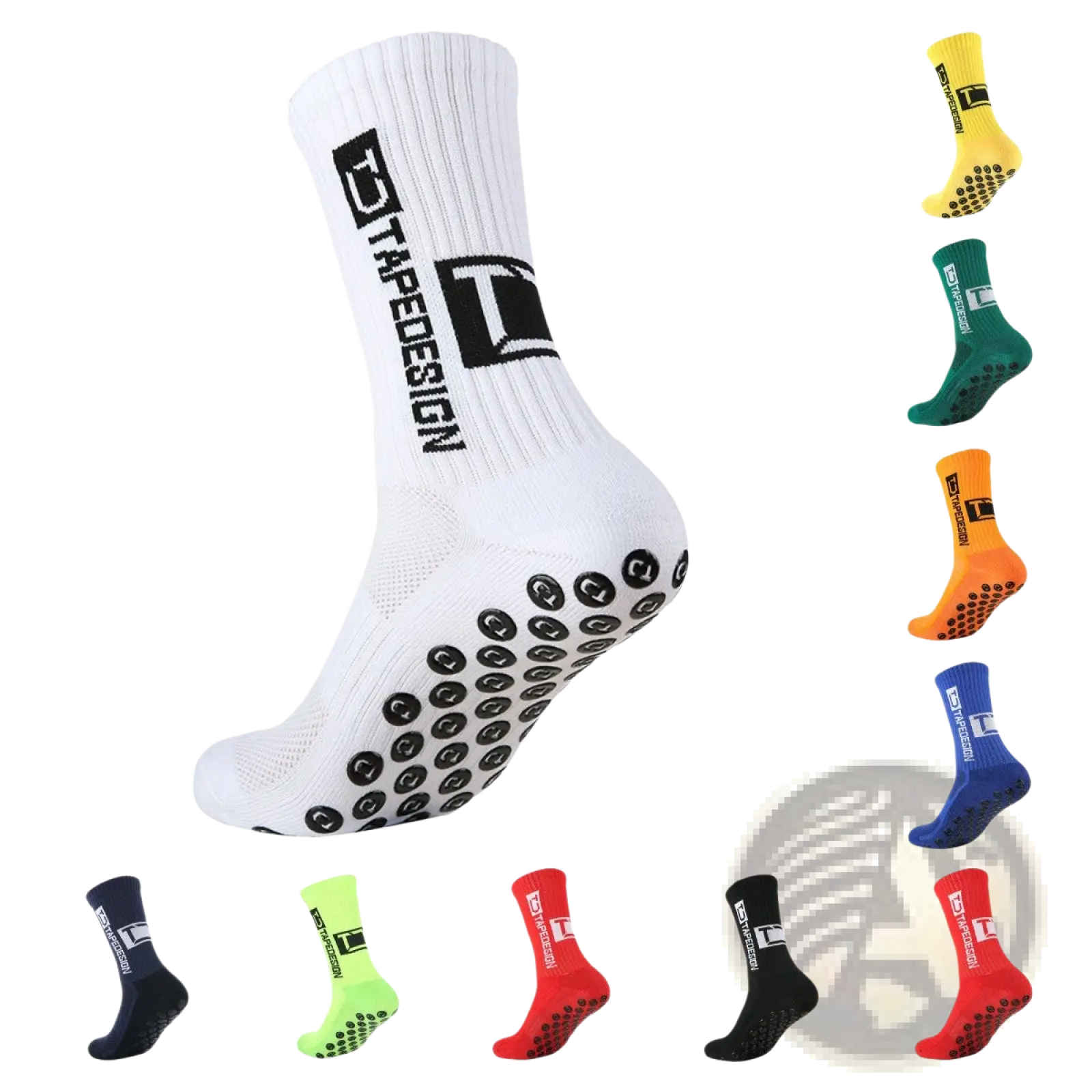 White athletic non-slip grip soccer sock with black grip dots and tapedesign logo on the side