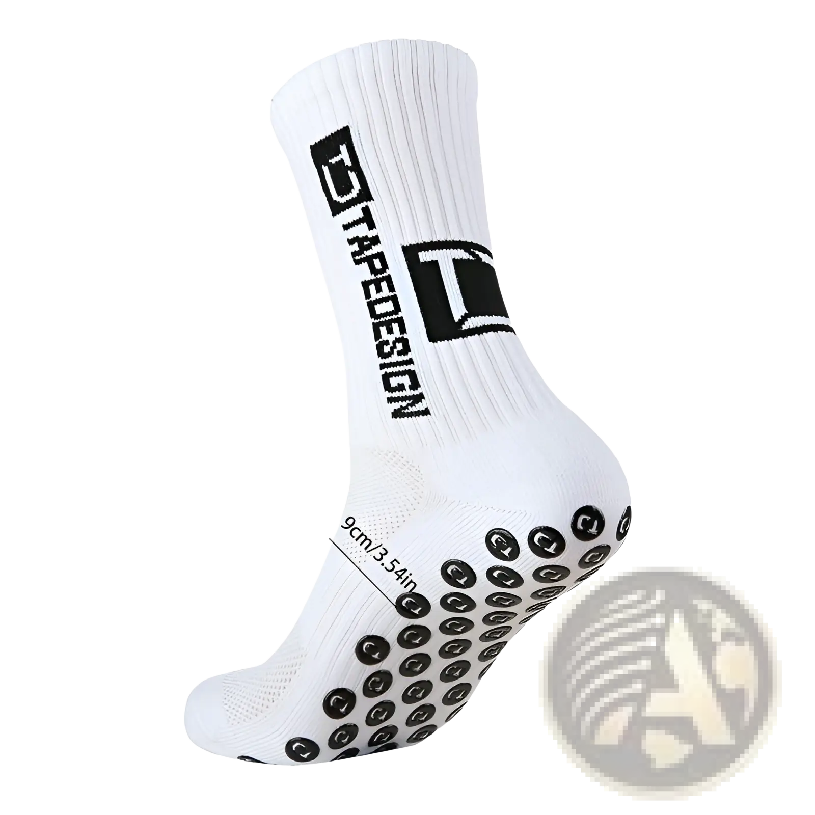 White non-slip grip soccer sock with black sole dots and bold trapezoid design logo on the side