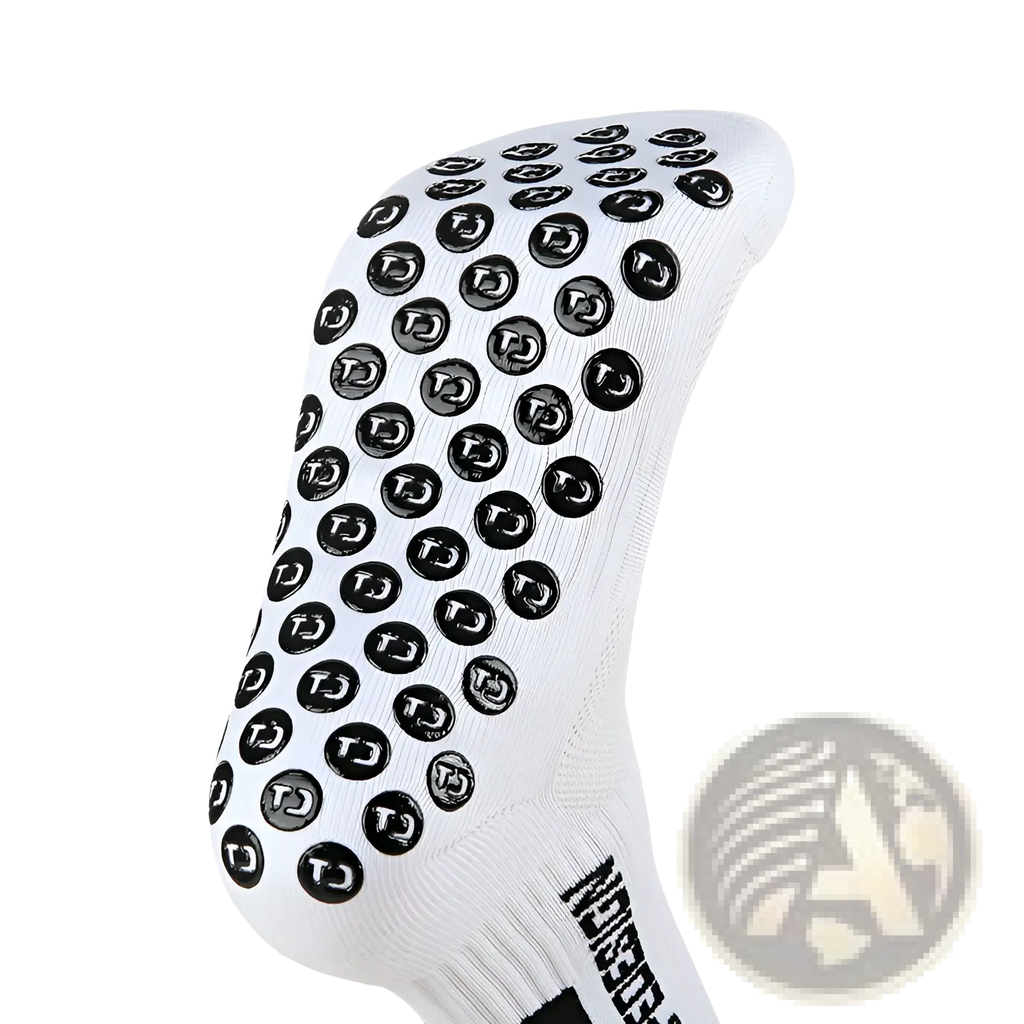 White athletic non-slip grip soccer sock with black circular grip dots featuring tj logo on each dot