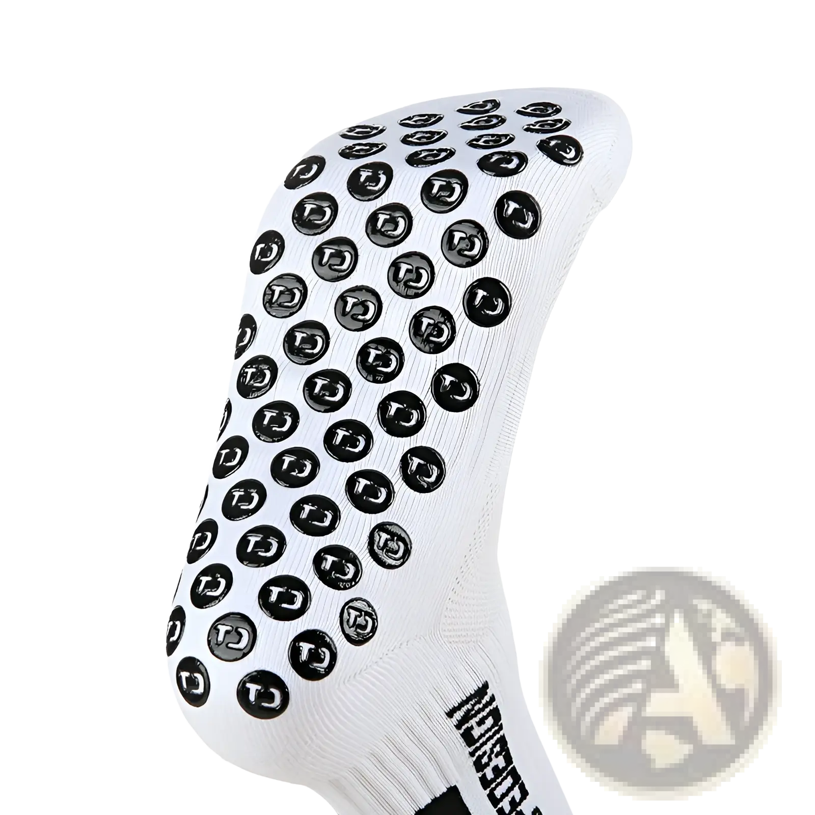 White athletic non-slip grip soccer sock with black circular grip dots featuring tj logo on each dot