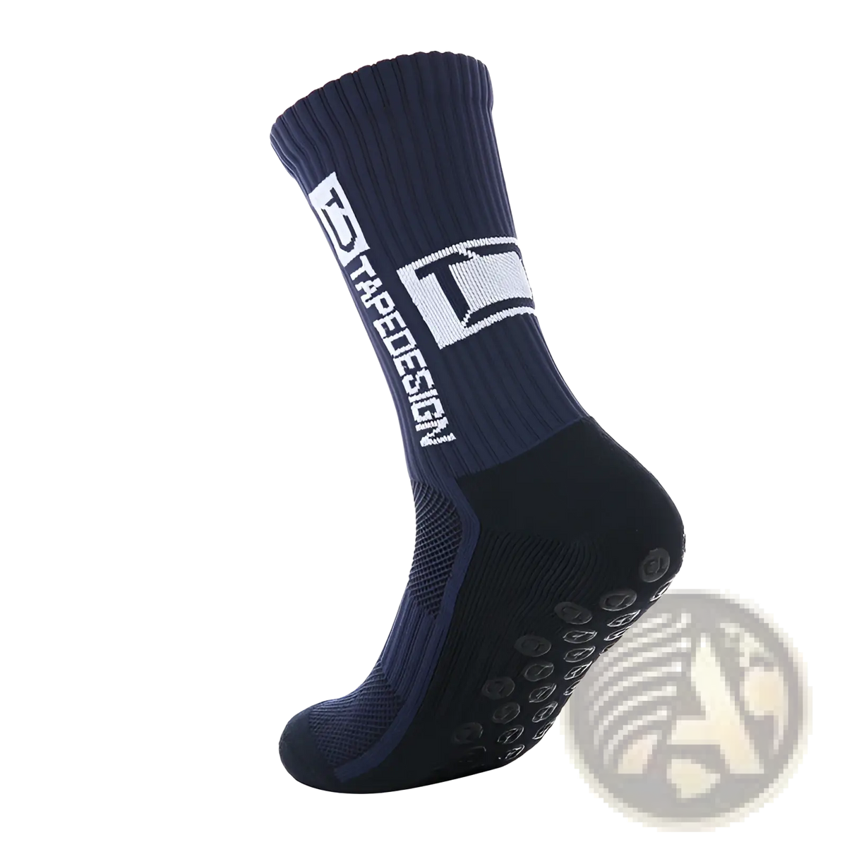 Dark blue non-slip grip soccer sock with black rubber sole and white tredesign branding on the side