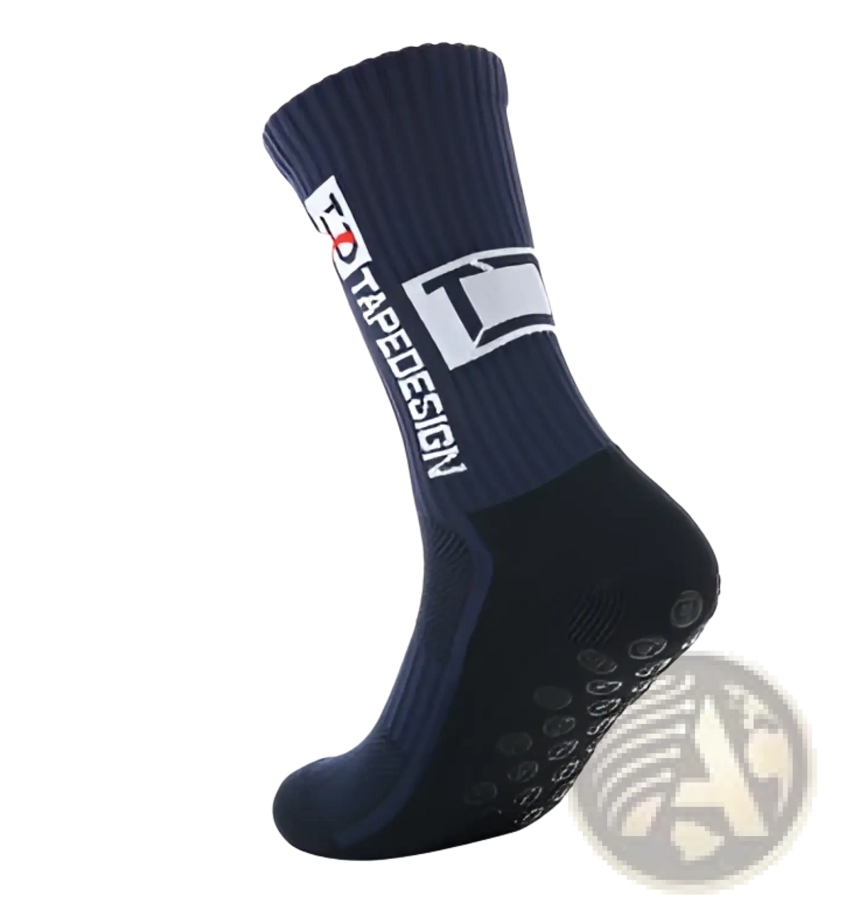 Dark blue non-slip grip soccer socks with textured sole dots and white logo near the top shown from the back side