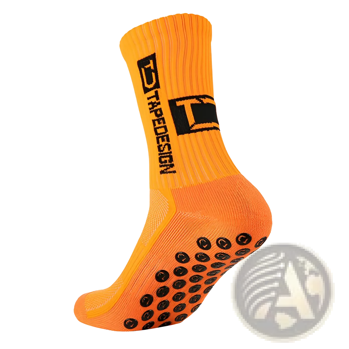 Bright orange non-slip grip soccer sock with black textured sole dots and a black tape design logo on the side